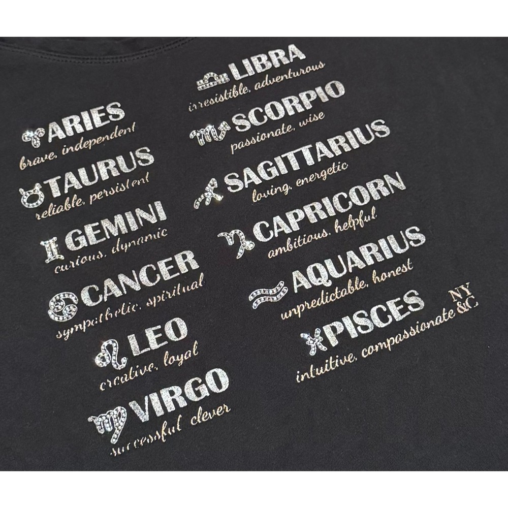 New York & CO Women's XL Black Zodiac Astrology Tee Silver BLING Rhinestones